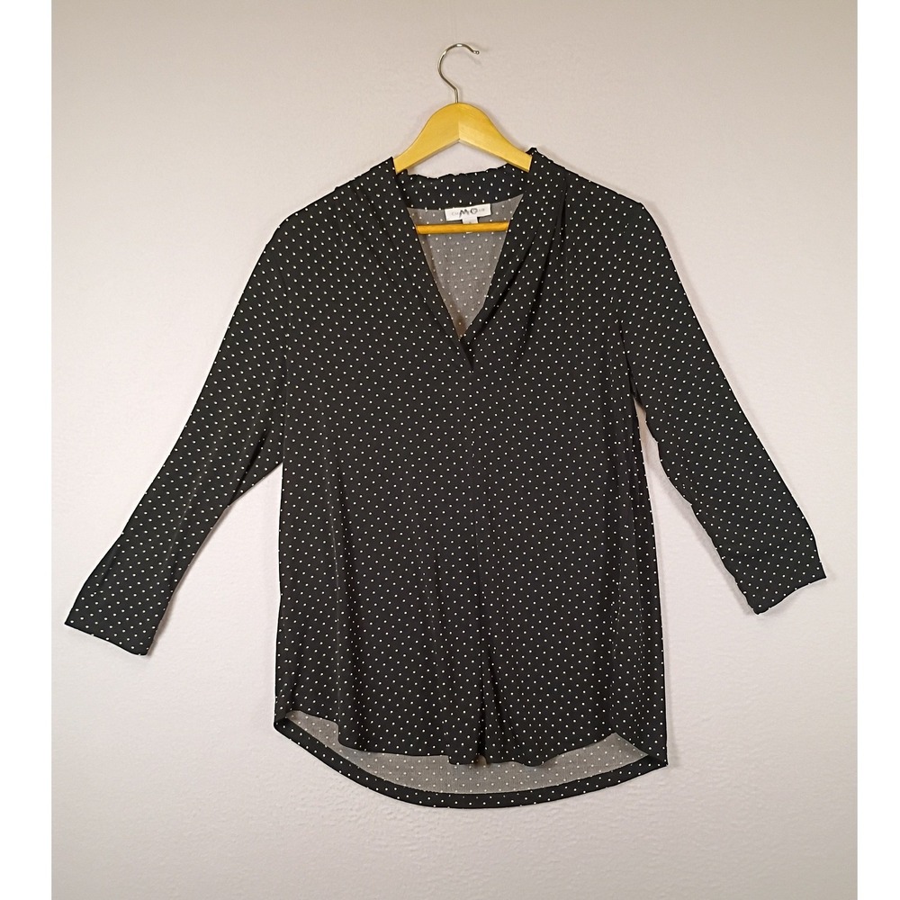 Classic Retro Charter Club Womens Small Black White Polka Dot V-Neck Blouse
